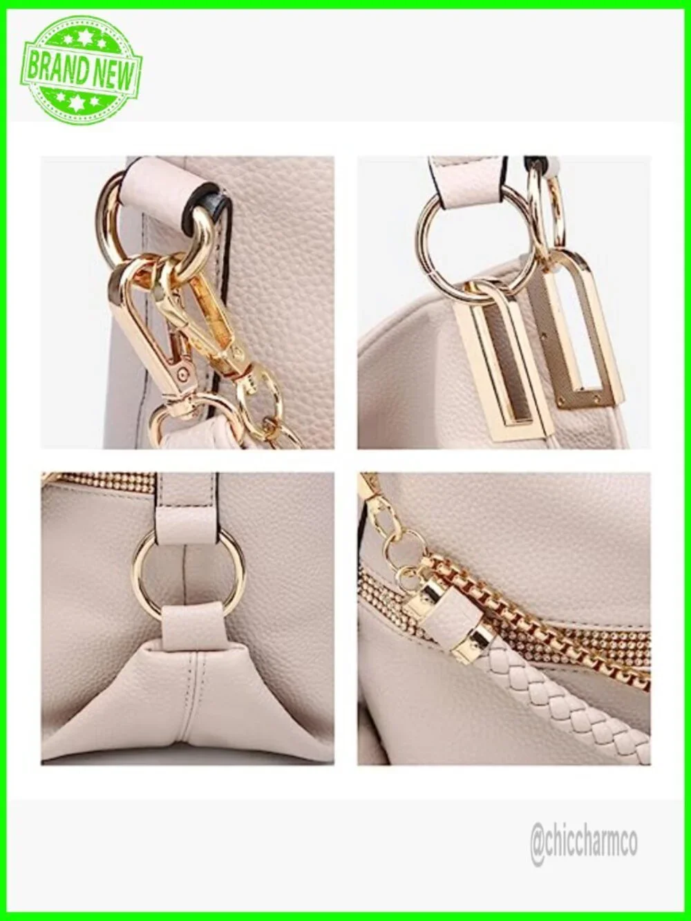 Large Vegan Leather Hobo Tote with Rhinestone Accents, Adjustable Strap